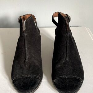 Frye black suede sling back buckle sandals/boots